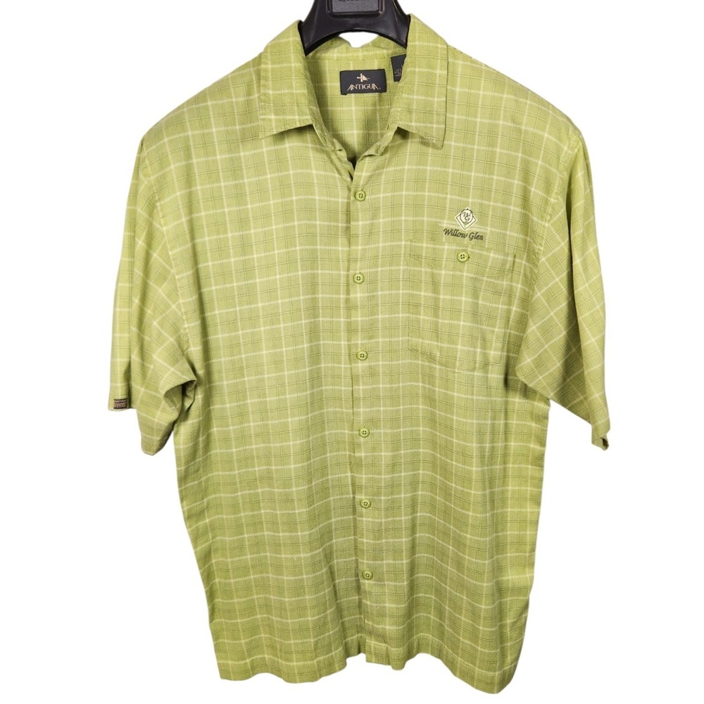 Antigua Mens Large Desert Dry Golf Shirt Green Plaid Willow Glen Pocket